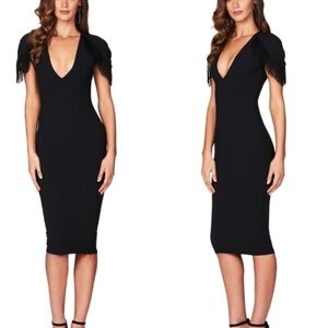 NWT Nookie Mendez Fringe sleeve Black Deep V Bodycon Dress